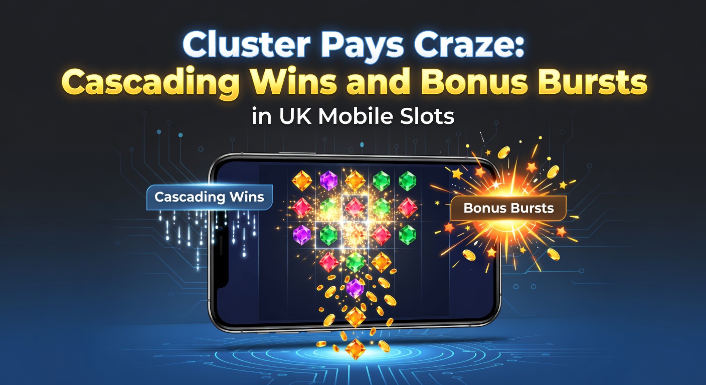 Vibrant cluster pays slot screen showing cascading symbols and exploding wins on a mobile device