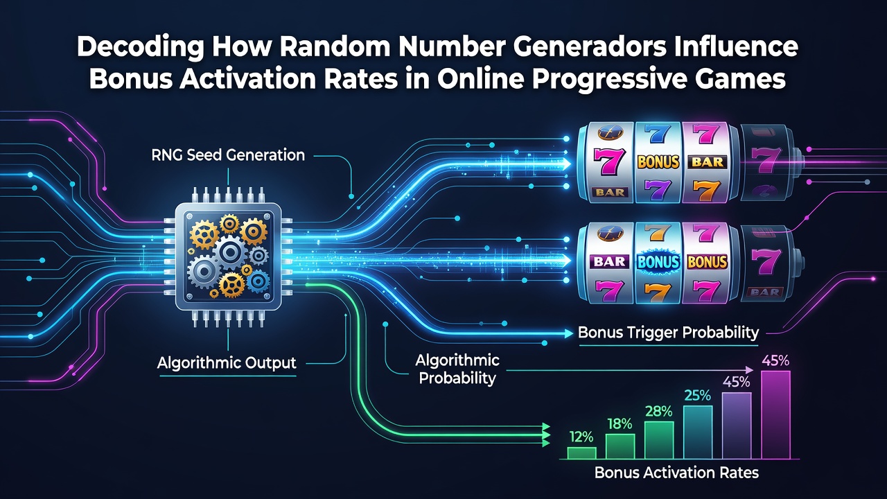 Diagram showing RNG algorithms processing inputs to determine bonus triggers in progressive slot interfaces