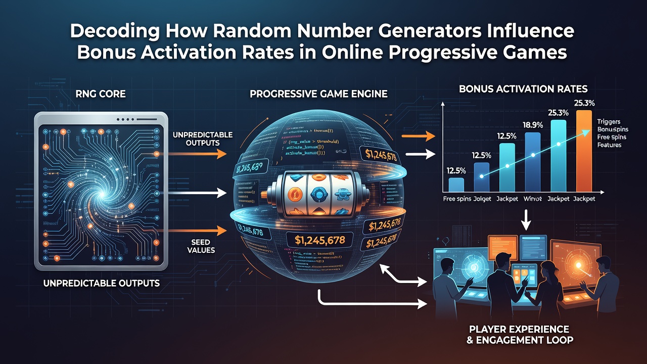 Flowchart illustrating seed input, RNG cycle execution, and bonus mapping output stages in progressive gaming software