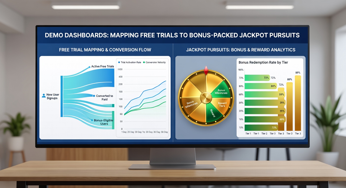 Close-up of a demo dashboard transitioning to a bonus claim screen, with jackpot tickers climbing and free trial stats overlayed on a dynamic slot background