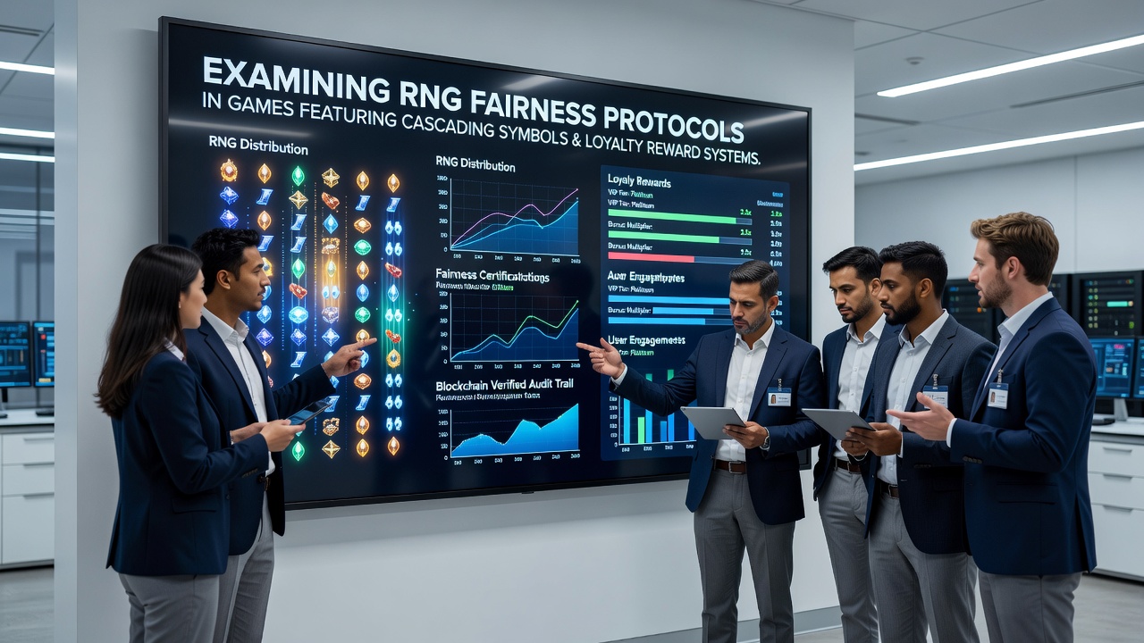 Loyalty program dashboard overlaying slot game reels with RNG certification seals visible