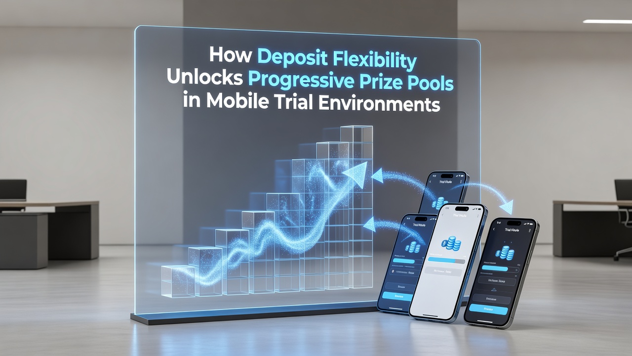 Mobile trial interface showing flexible deposit options leading to progressive jackpot participation