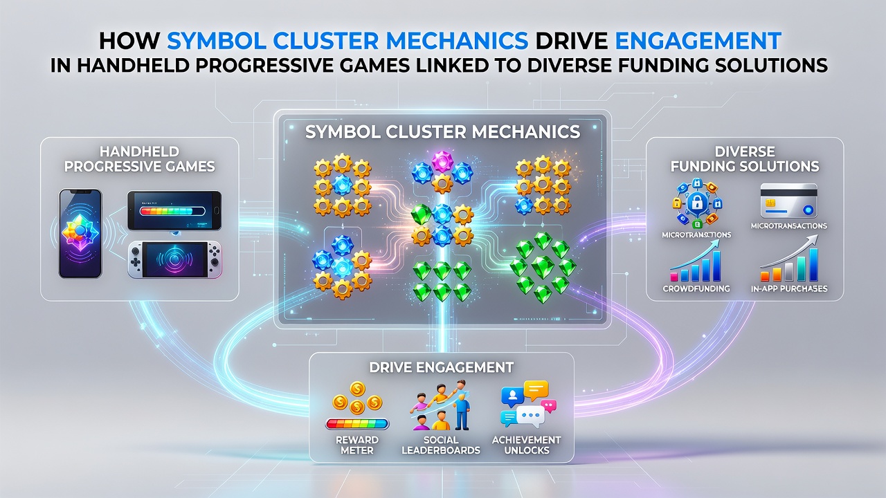 Illustration of symbol cluster formations creating cascading wins on a mobile progressive slot interface with jackpot meter visible