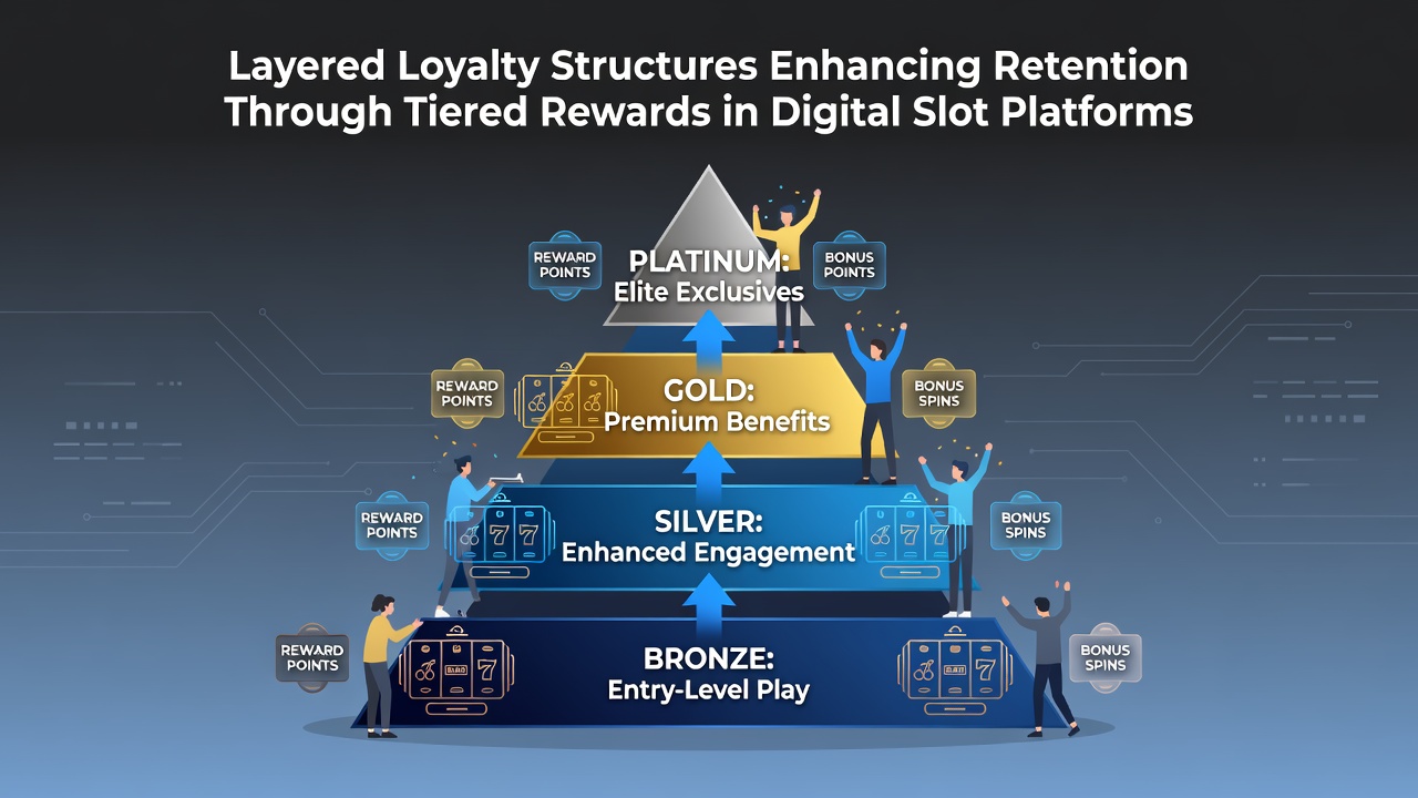 Illustration of tiered loyalty levels displayed on a digital slot platform interface with player progression indicators