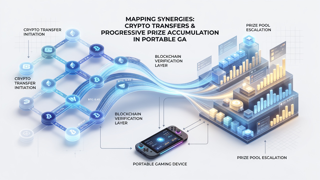 Illustration of cryptocurrency transfers connecting to progressive prize pools in mobile gaming apps