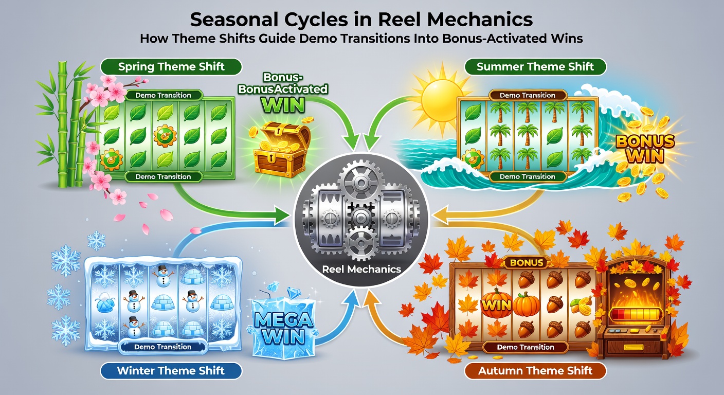 Mid-article view of slot reels displaying seasonal transitions with bonus meter filling during demo to real play shift
