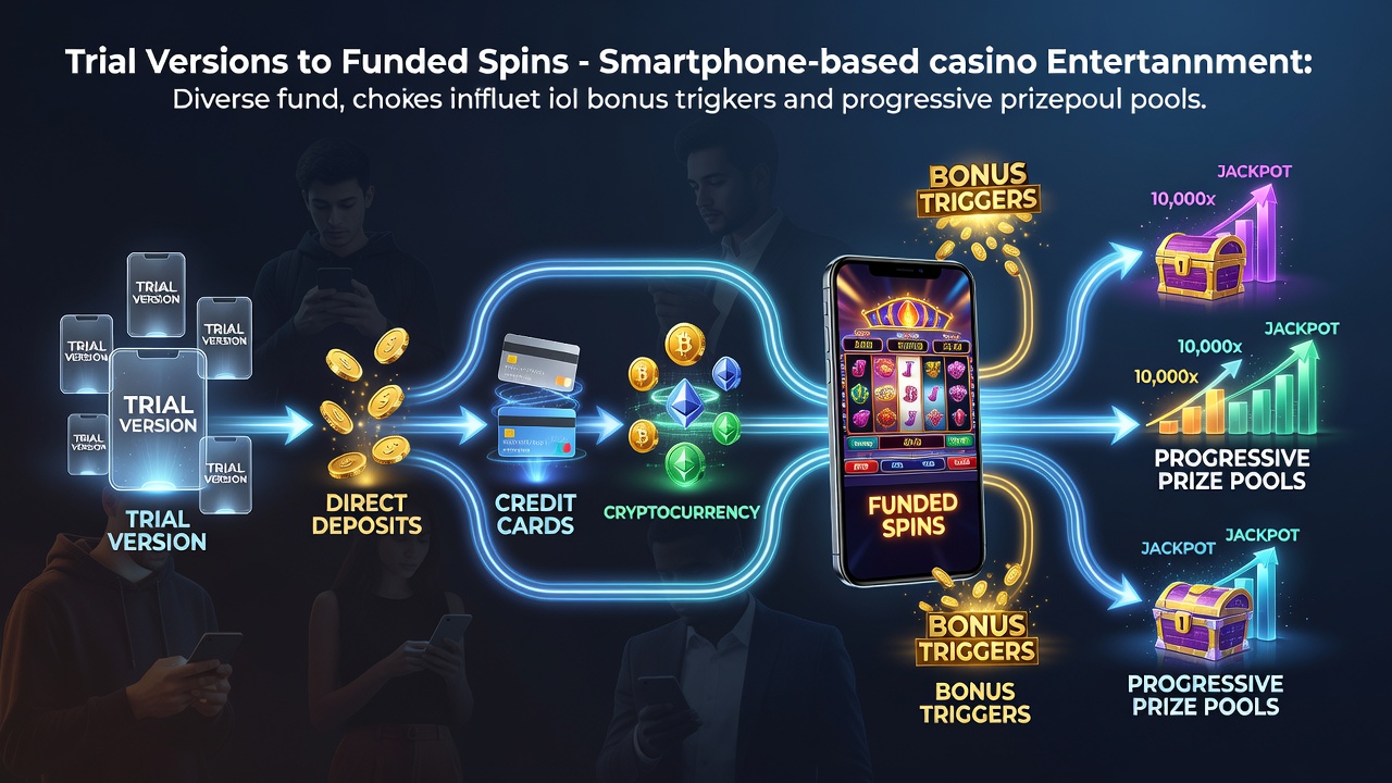 Smartphone displaying casino app interface with demo mode transitioning to funded spins and bonus indicators