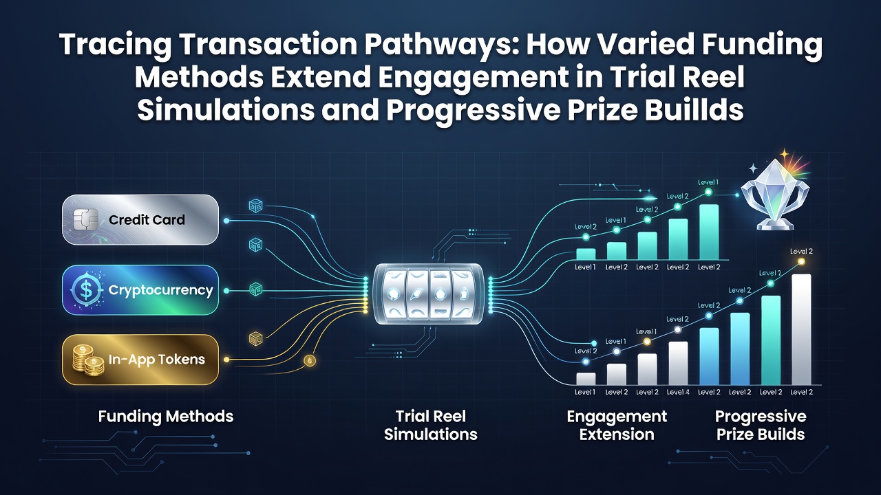 Transaction pathways diagram showing funding methods connected to demo slots and progressive prize systems