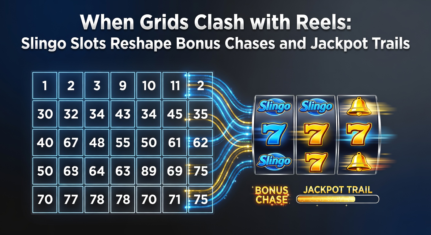 Vibrant Slingo slot screen displaying a 5x5 bingo grid merged with spinning reels below, highlighting bonus symbols and jackpot meters