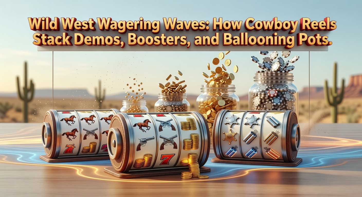 Vibrant Wild West slot machine reels spinning wth cowboy hats, revolvers, and gold nuggets under a sunset sky, evoking frontier excitement and jackpot potential