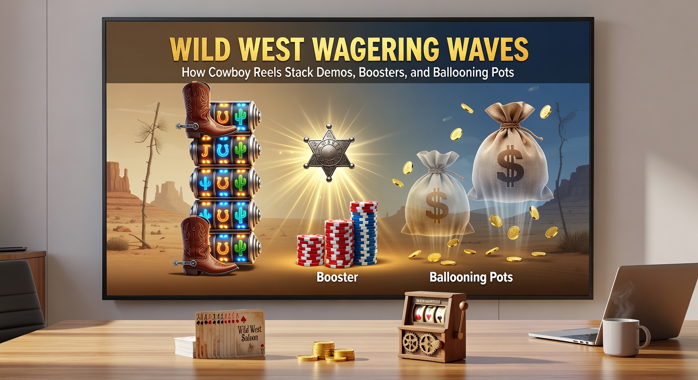 Cowboy slot game screen showing stacked boosters, exploding wilds, and a progressive jackpot meter climbing toward massive wins amid a desert canyon backdrop